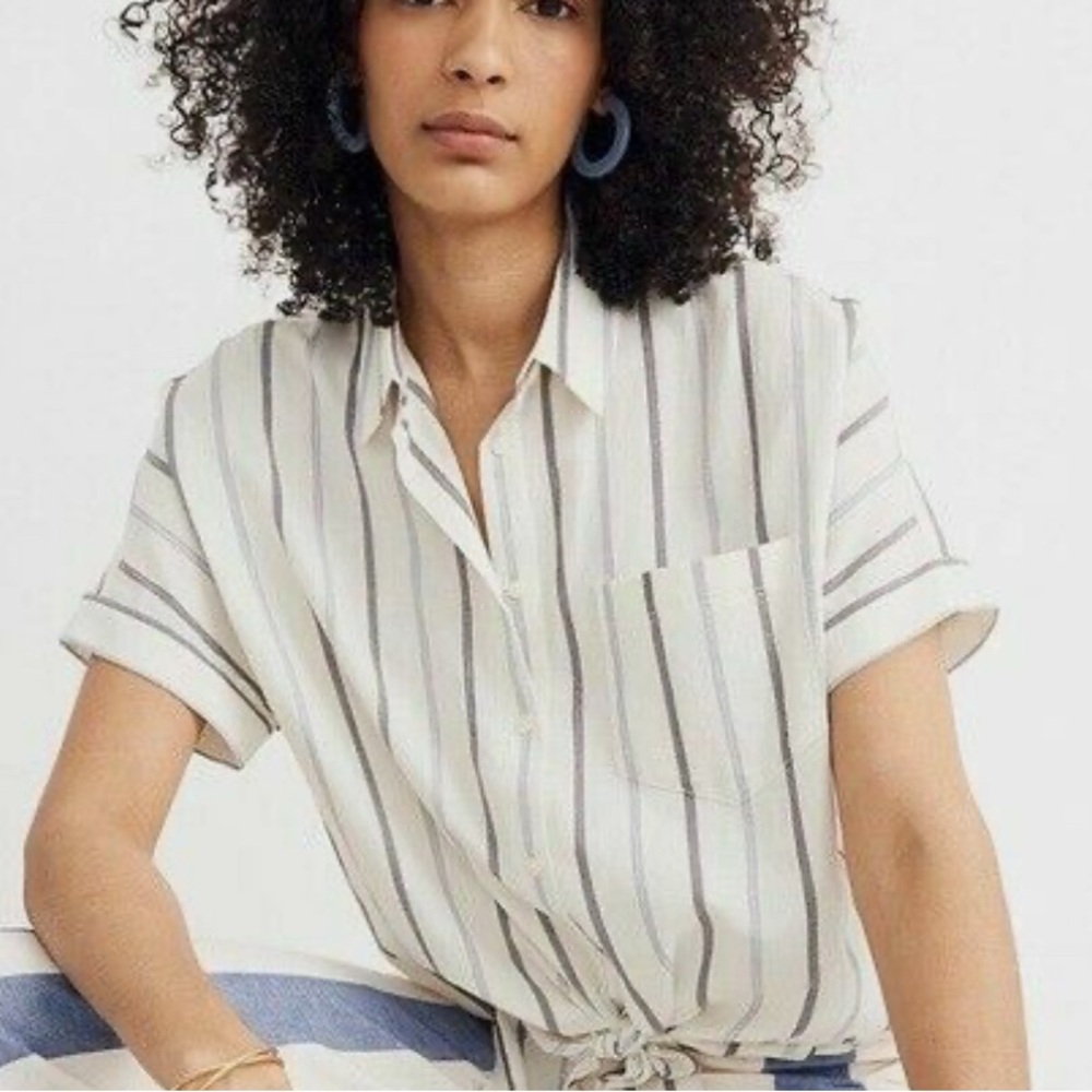 Madewell Blue and White Striped Shirt, Tie Front Shirt in Montpellier